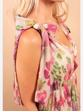 Buddy Love Cream Floral Sparkle Tie-Shoulder Dress with Pink & Green Bloom